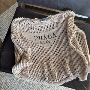 Beige Crochet Logo Sweater Open Knit Lightweight Layering Top